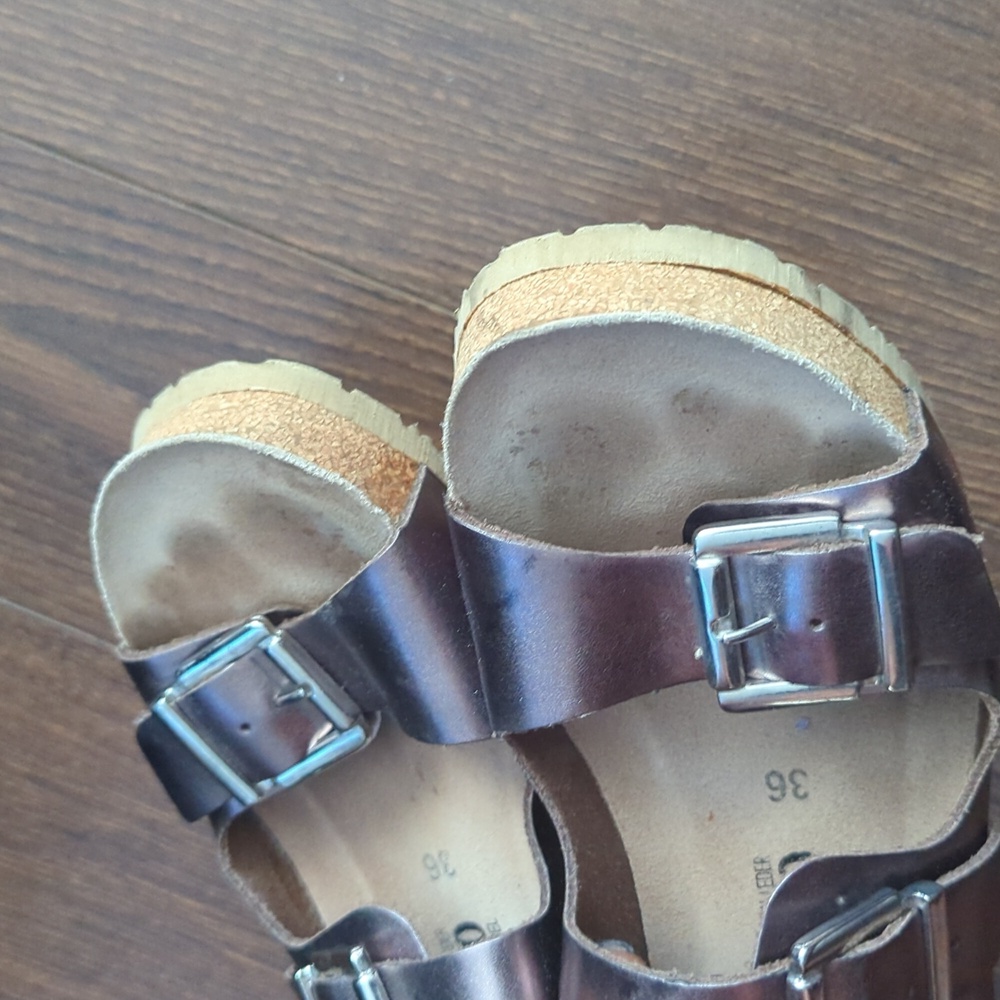 Mephisto Shiny Bronze Buckle Wedge Sandals - Picture 5 of 10